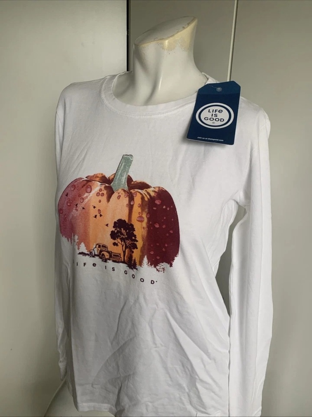 Life Is Good White Long-Sleeve Tee with Orange-Red Pumpkin Graphic - Picture 4 of 4